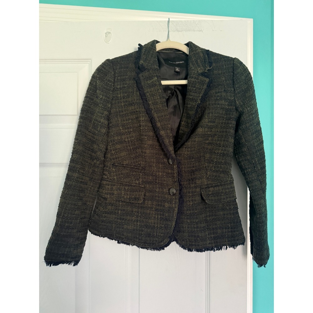 Banana Republic Petite 0P Tweed Blazer Olive Green Fringe Trim Metallic Jacket